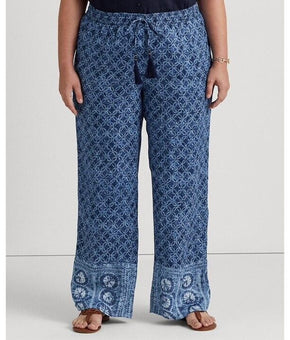 Lauren Ralph Lauren Geo-Print Linen Wide-Leg Pants Blue Plus-Size 1X MSRP $155