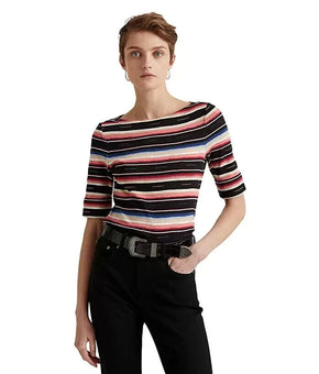 LAUREN Ralph Lauren Blanket-Stripe Boatneck Top Black Beige Size XL