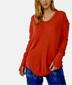 Free People Colby Long Sleeve Oversized Slouchy Tee Red Size XL MSRP $68