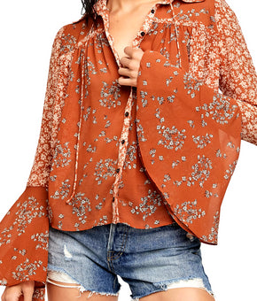 Free people Women's Serena Print Button-Up Blouse Orange Brown Size XS MSRP$98