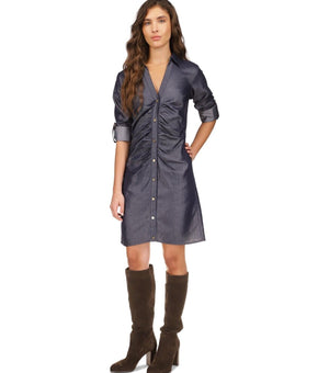 MICHAEL KORS Women Ruched-Front Roll-Tab-Sleeve Shirtdress Blue Size M MSRP $165