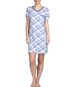 Hanes Women Plaid Printed Sleepshirt Nightgown Navy Blue Pink Size M